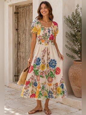 Me 2 Magic Boho Floral Smocked Maxi Dress Short Sleeves Size 2X